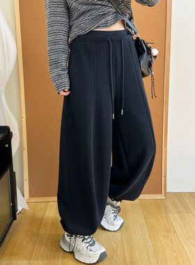 奥粒绒加厚保暖卫裤女松紧腰纯色冬季百搭抽绳直筒束脚两穿运动裤