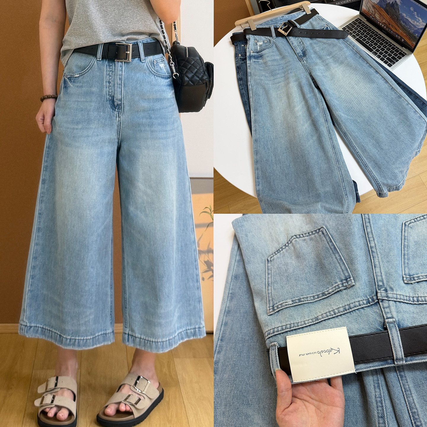 夏季高腰八分牛仔裤女2026新款韩系复古做旧百搭宽松直筒阔腿中裤
