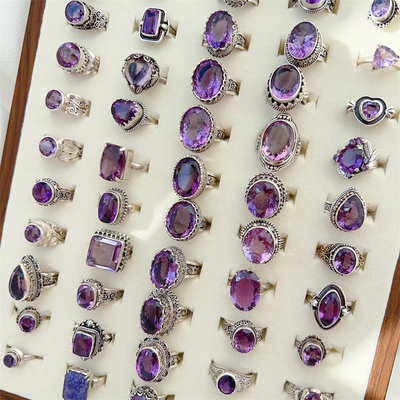 紫水晶男女925银复古纯手工戒指