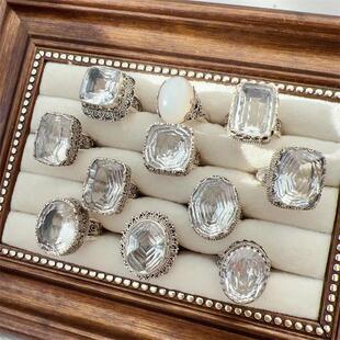 新款尼泊尔镶嵌天然白水晶超大戒指重工925纯银纯手工复古新品