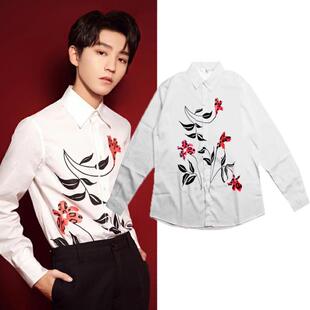 韩版王俊凯同款衬衫衣服宽松白色花衬衣免烫防皱长袖上衣外套情侣