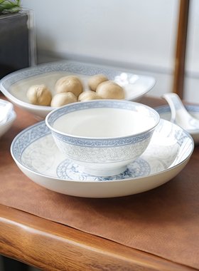 中式釉中彩陶瓷盘碗碟勺米饭碗炒菜盘面碗大汤碗调羹鱼盘可微波炉