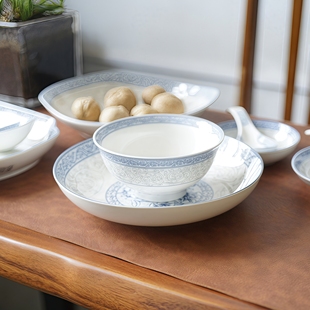 中式釉中彩陶瓷盘碗碟勺米饭碗炒菜盘面碗大汤碗调羹鱼盘可微波炉