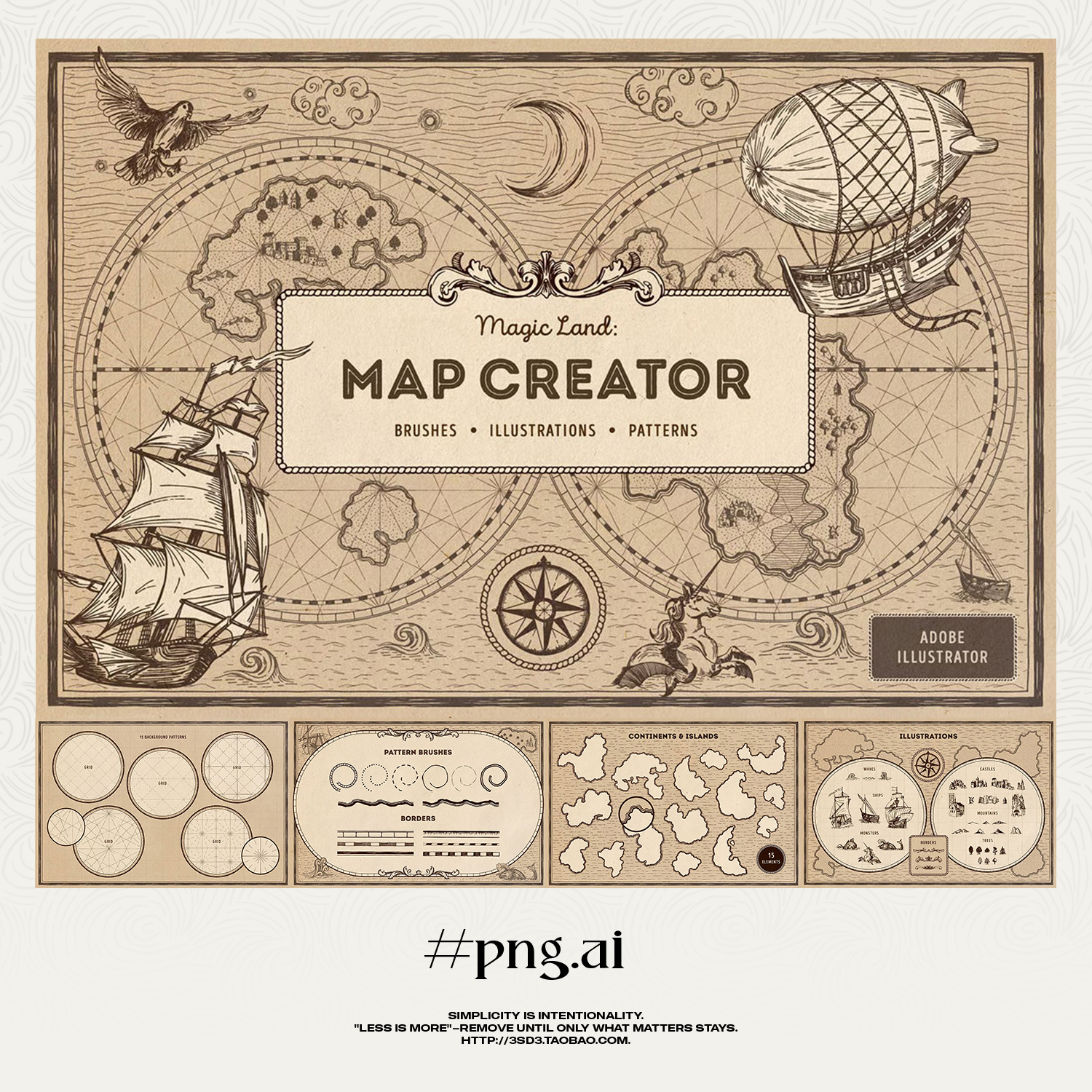 3SD3 魔法复古欧式探险梦幻冒险海洋飞船陆地热气球地图DIY免扣图