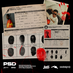 3SD3复古纸张人物档案指纹记录通缉令表单海报PS分层模板设计素材