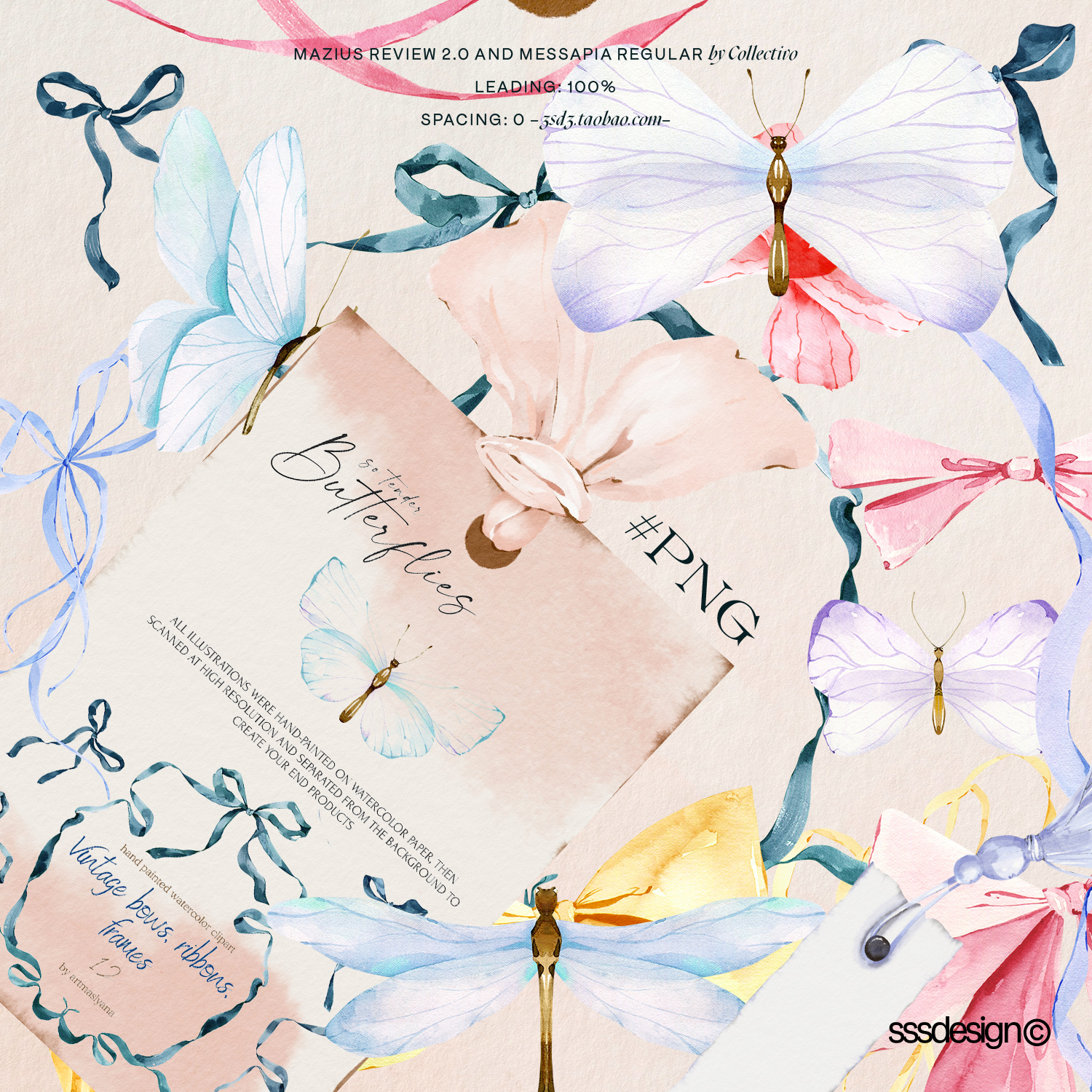 3SD3复古轻水彩法式柔美学风格蝴蝶结标签蝴蝶插画免扣PNG素材图