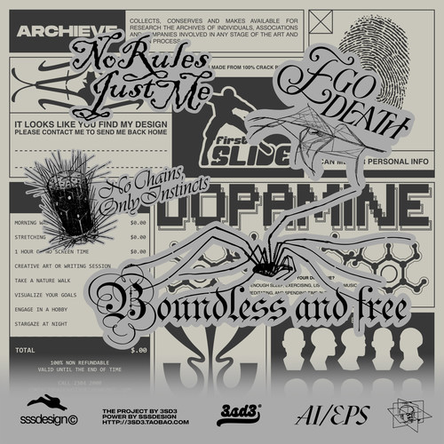 3SD3嘻哈朋克摇滚哥特黑白复古反规则自由实验先锋叛逆矢量AI素材