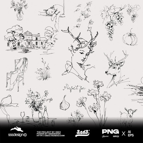 3SD3北欧空灵干花野果宁静的风景鹿女性剪影速写插画免扣设计素材