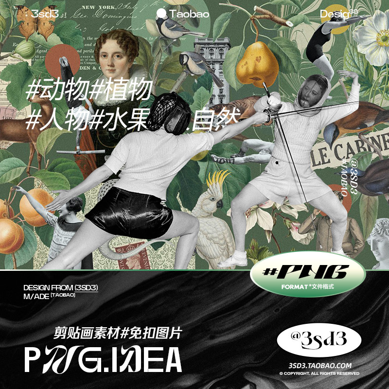3SD3 美式欧洲复古动物植物水果风渐自然波普剪贴画艺术设计素材