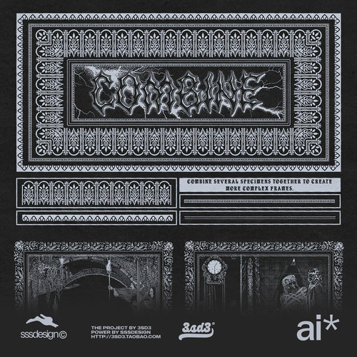 3SD3欧式古典巴洛克维多利亚复古哥特边框花纹雕花矢量AI图形笔刷