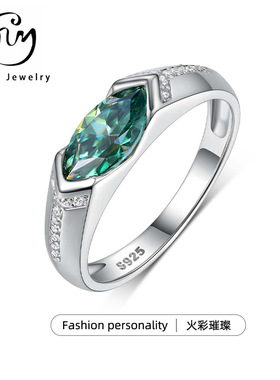 S925银绿色橄榄形莫桑石戒指独立站热卖爆款情侣款复古