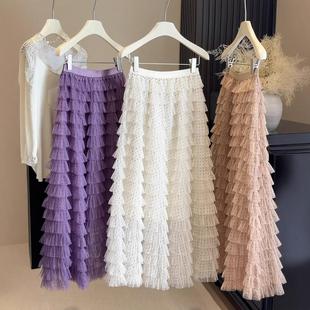 层层蓬蓬波点网纱蛋糕半身裙女春秋高腰显瘦A字超仙纱裙中长裙子