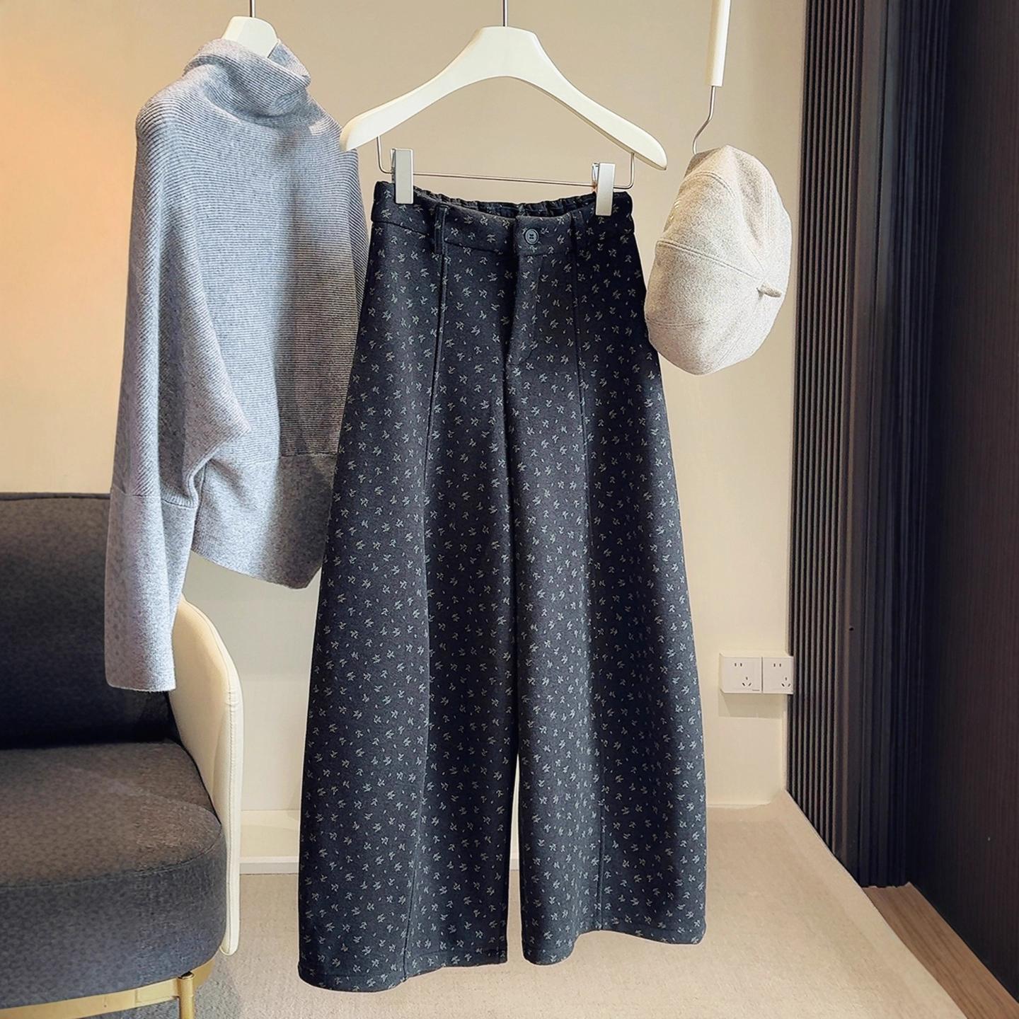 复古文艺碎花加绒阔腿裤女