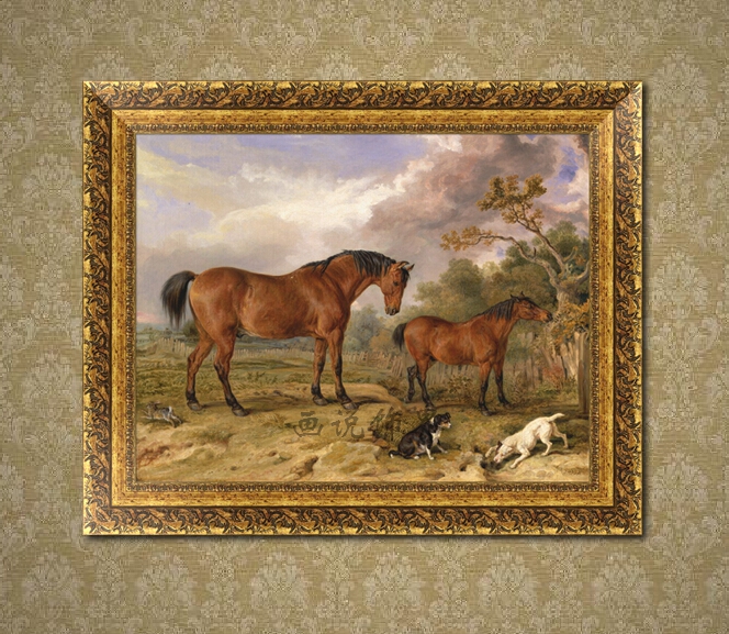 手绘欧式古典狩猎景油画室外马和狗嬉戏画动物打猎别墅客厅装饰画图片