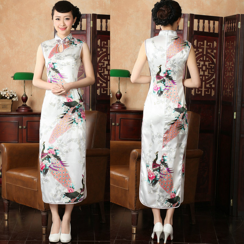  Dripping Peacock Cheongsam White+XL (Reference to about 116 catties)  