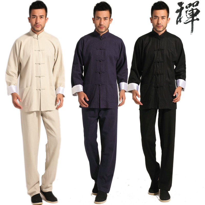 당나라 정장 남성 긴팔 쿵푸 정장면과 린넨 봄과 가을 남성의 아침 운동 태극권 정장 린넨 HANFU 평신도 정장