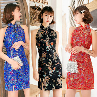 织锦缎旗袍性感露肩改良时尚 超短旗袍连衣裙走秀活动演出旗袍礼服