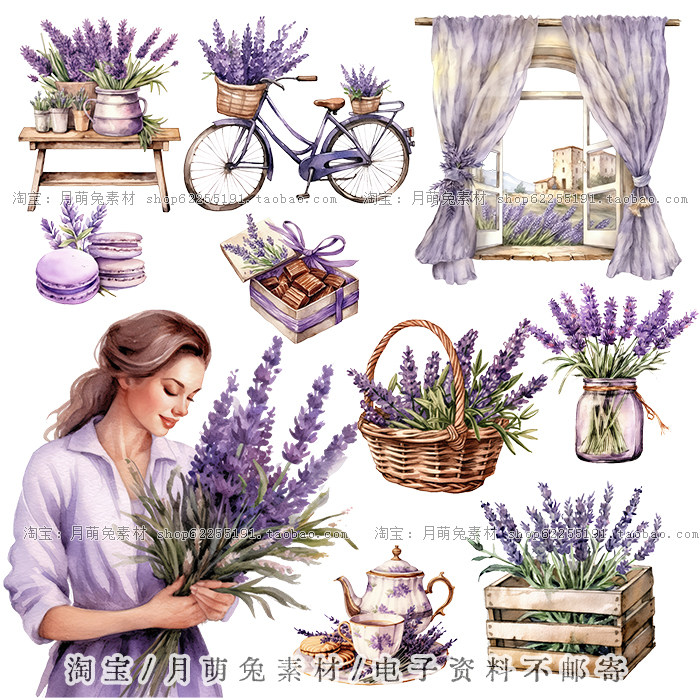 水彩唯美紫色薰衣草女孩高清插画a4手账剪贴画贴纸png设计素材