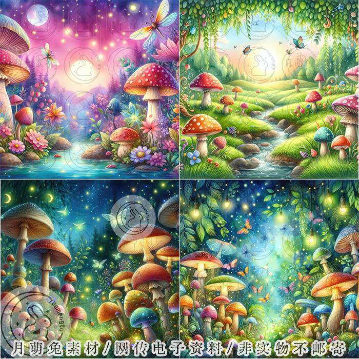 梦幻童话风蘑菇森林场景海报背景图片垃圾手账junk journal素材