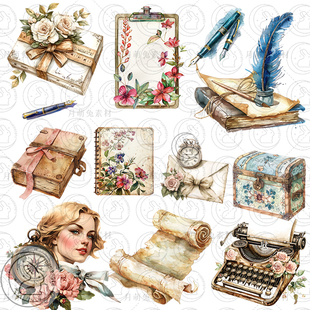 复古打字机本子纸信封钢笔礼物元素装饰剪贴画插图PNG手账素材