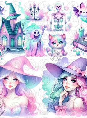 魔幻紫色巫师女孩骷颅头卡通装饰剪贴画插图PNG手账素材