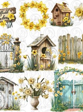 复古黄色水仙花花园木栏杆小木屋装饰剪贴画插图PNG手账素材