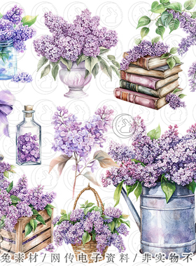 复古紫色丁香花插画海报装饰剪贴画手账png设计素材