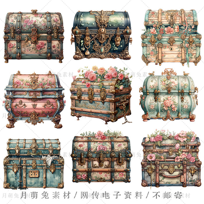 欧洲维多利亚精致宝箱插画卡片海报装饰剪贴画手账png设计素材