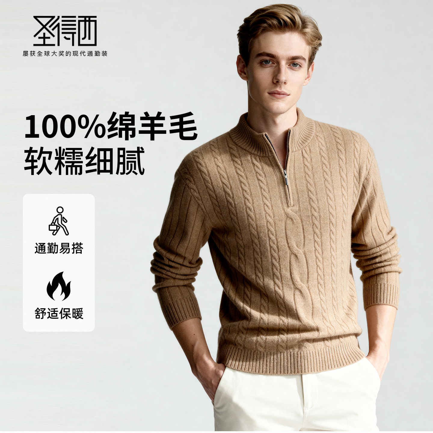 【100%棉羊毛】圣得西2025年冬季男士羊毛衫半高领拉链保暖针织衫