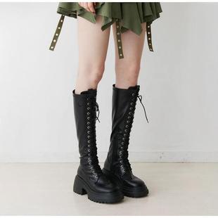 日系小众 N复古黑色厚底系带皮带扣显瘦高筒骑士靴膝长筒靴机车靴