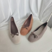 温柔软糯 芭蕾舞平底鞋 日系加绒保暖羊羔毛圆头蝴蝶结女鞋 豆豆鞋