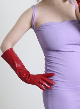 长款皮手套 40cm仿真皮仿皮羊皮PU无内衬女圣诞红中国红贴手显瘦