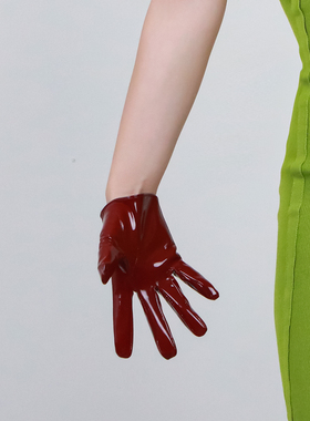 漆皮手套  16cm超短款仿真皮pu仿皮镜面亮皮酒红色暗红色深红色女