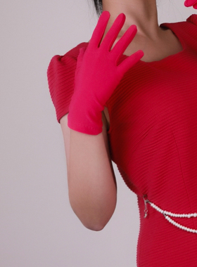 22cm春秋短款氨纶玫红紫色女士手套演出表演防晒弹力礼服搭配手套