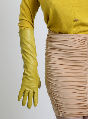 PU长款皮手套40cm仿真皮女芥末黄姜黄色黄色贴手显瘦演出拍照彩色