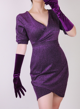 赫本丝绒手套60cm特长款深紫色过肘超长女高弹性天鹅绒金丝绒触屏