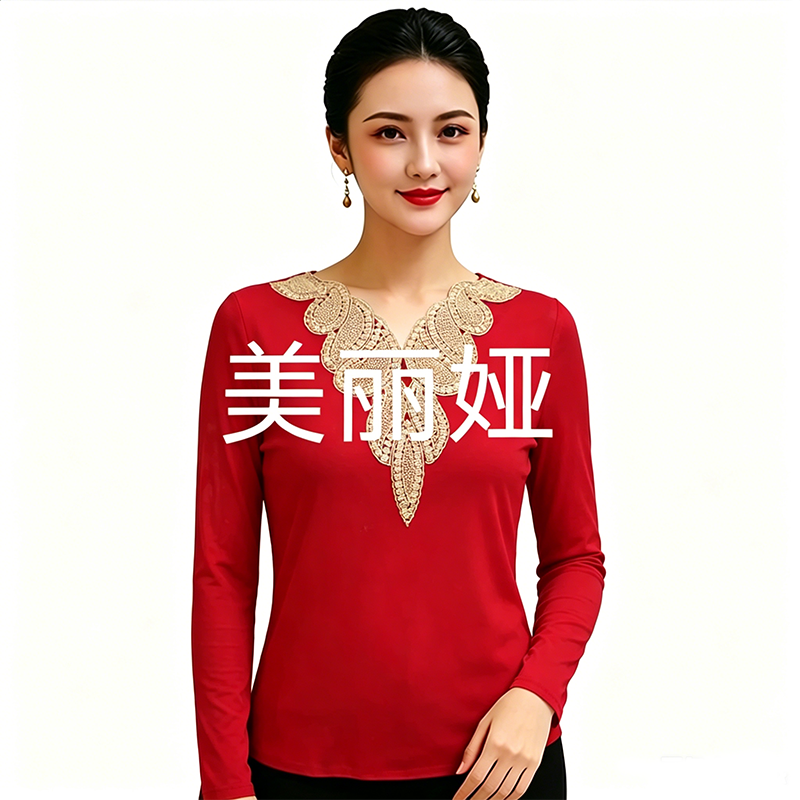 新款新疆维族舞蹈服装纱体雪纺网纱衫长袖束腰显瘦v领上衣玫红色