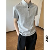 复古亨利领T恤男款 上衣polo衫 夏季 正肩显瘦短款 cleanfit短袖 美式