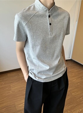 美式复古亨利领T恤男款夏季cleanfit短袖正肩显瘦短款上衣polo衫