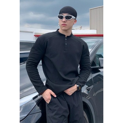 秋冬重磅正肩亨利领长袖T恤男