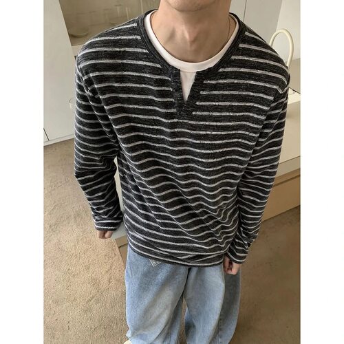 老钱风条纹假两件亨利领长袖T恤男秋季宽松百搭休闲打底松弛感