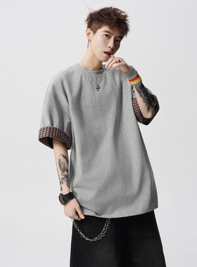 爆款重磅纯棉320克格子翻边短袖男2025新款夏季宽松设计感圆领T恤