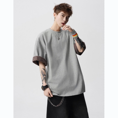 重磅纯棉320克格子翻边短袖T恤