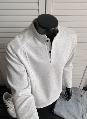 美式复古亨利领T恤男款秋冬cleanfit长袖正肩显瘦痞帅上衣polo衫