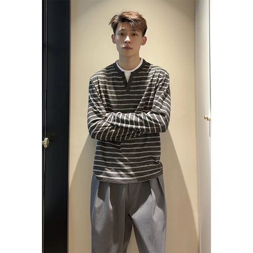 秋季美式复古假两件长袖T恤