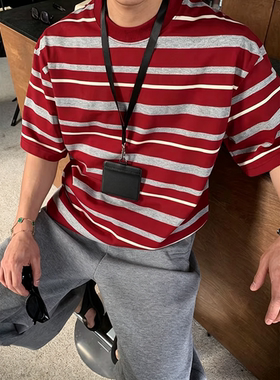 美式重磅300G条纹短袖T恤男