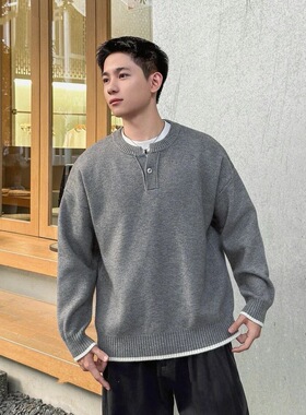 秋冬重磅880G韩版假两件小V领针织衫宽松休闲百搭纯色开衫毛衣男
