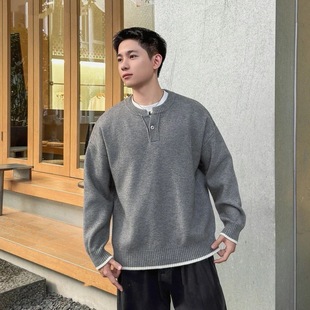 秋冬重磅880G韩版假两件小V领针织衫宽松休闲百搭纯色开衫毛衣男