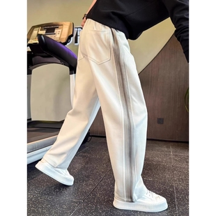 潮牌撞色卫裤男款秋冬裤子重磅加绒加厚弯刀裤男裤痞帅直筒休闲裤