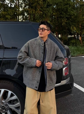 秋冬季重磅假两件格子针织衫外套男复古拼接休闲开衫毛衣痞帅上衣